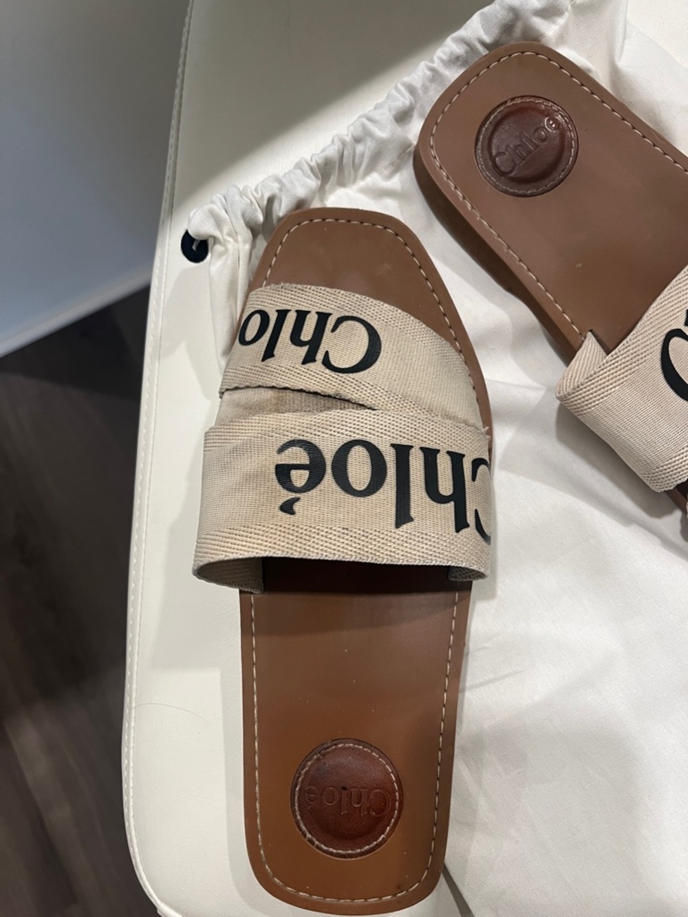 Chloé Beige Logo Canvas Slide Sandals with Brown Leather Footbed - Picture 2 of 3